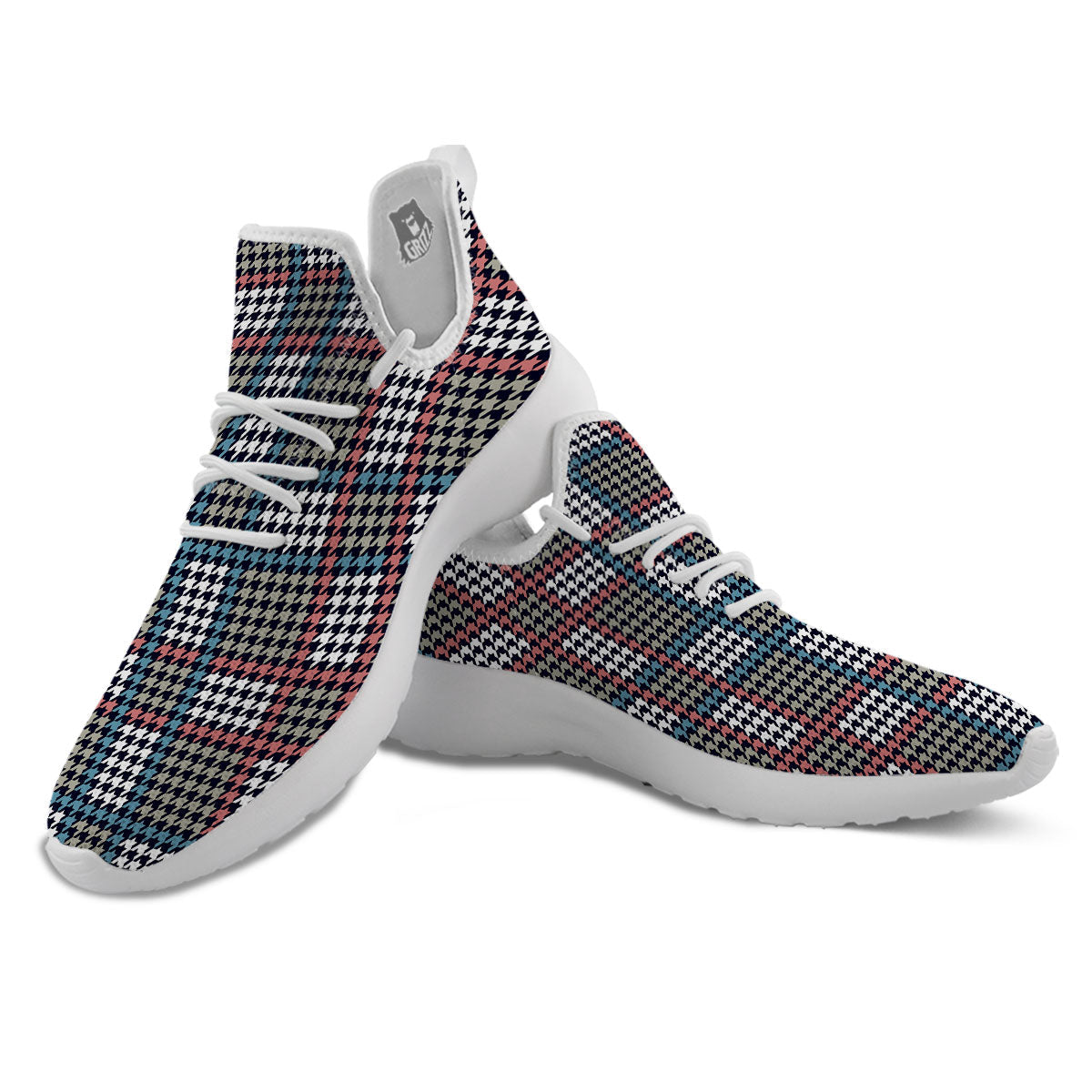 White Houndstooth And Blue Red Print White Athletic Shoes-grizzshop
