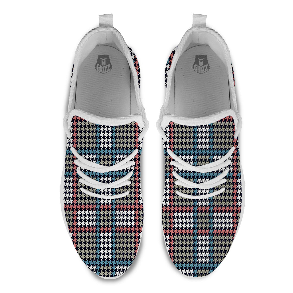 White Houndstooth And Blue Red Print White Athletic Shoes-grizzshop