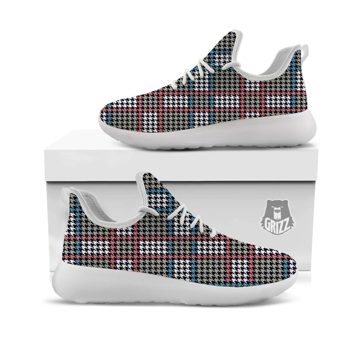 White Houndstooth And Blue Red Print White Athletic Shoes-grizzshop