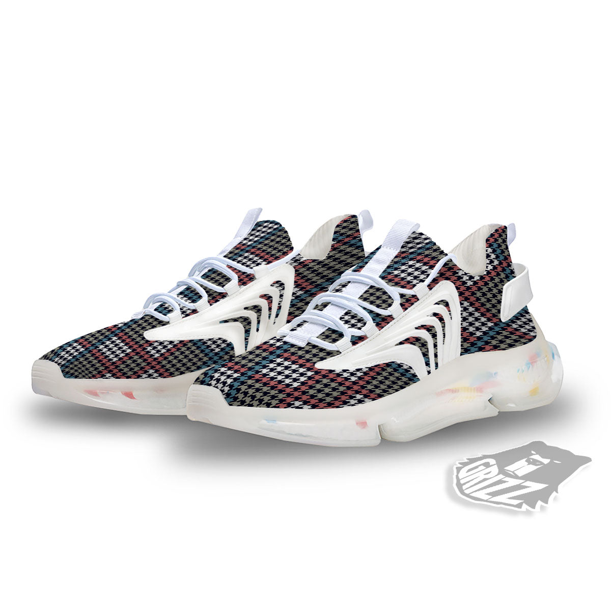 White Houndstooth And Blue Red Print White Gym Shoes-grizzshop