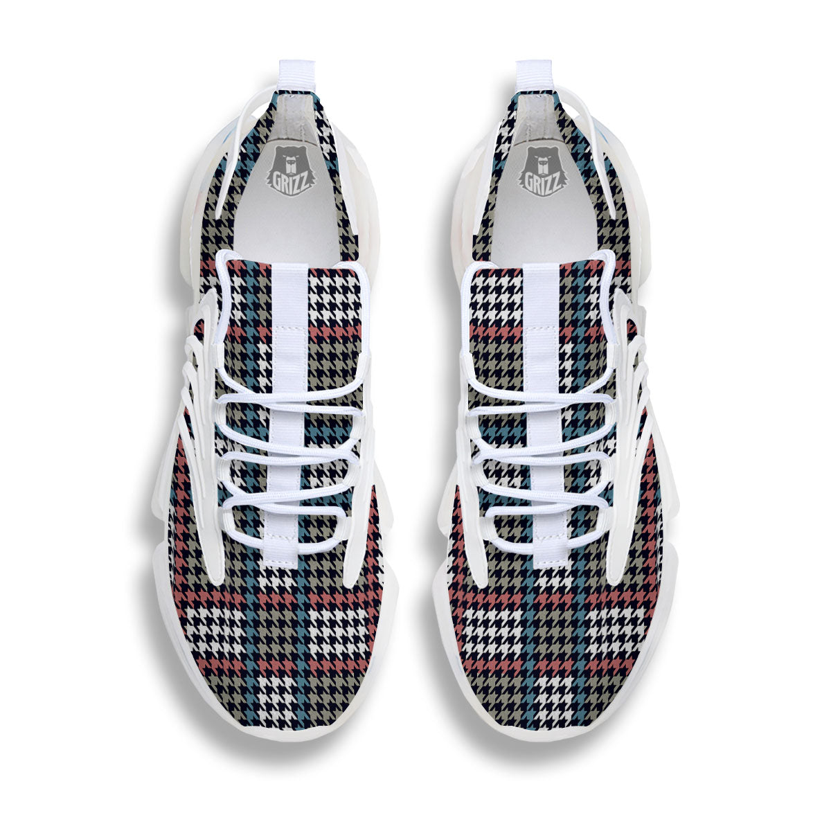 White Houndstooth And Blue Red Print White Gym Shoes-grizzshop