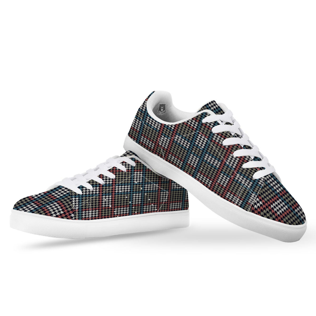 White Houndstooth And Blue Red Print White Low Top Sneakers-grizzshop