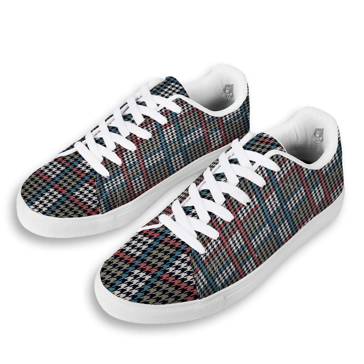White Houndstooth And Blue Red Print White Low Top Sneakers-grizzshop