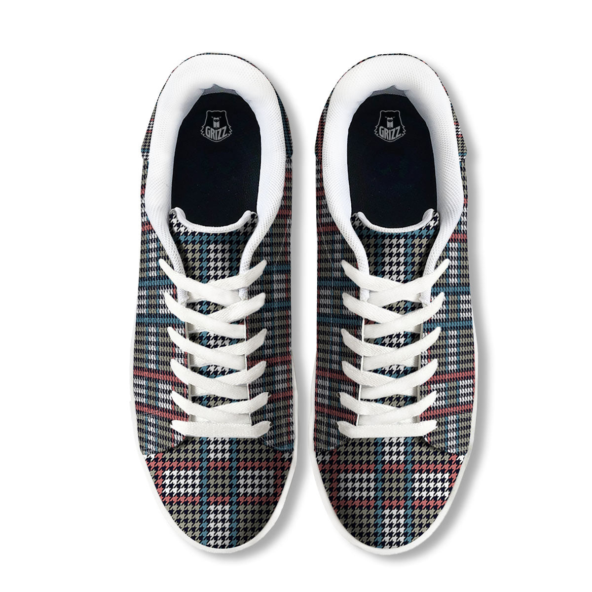 White Houndstooth And Blue Red Print White Low Top Sneakers-grizzshop
