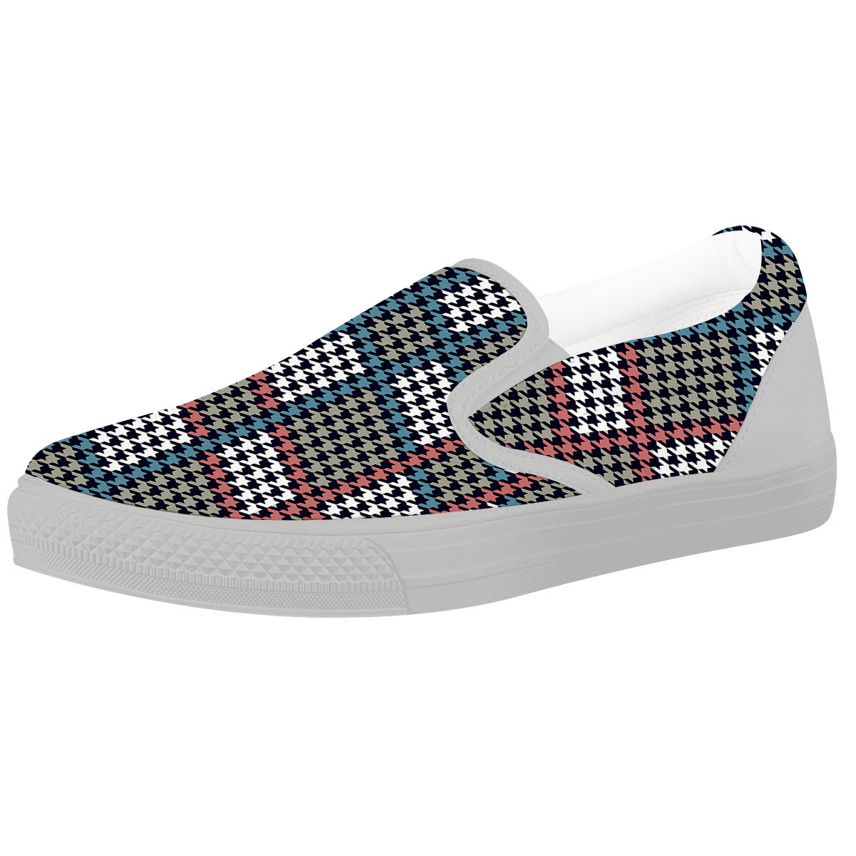 White Houndstooth And Blue Red Print White Slip On Shoes-grizzshop