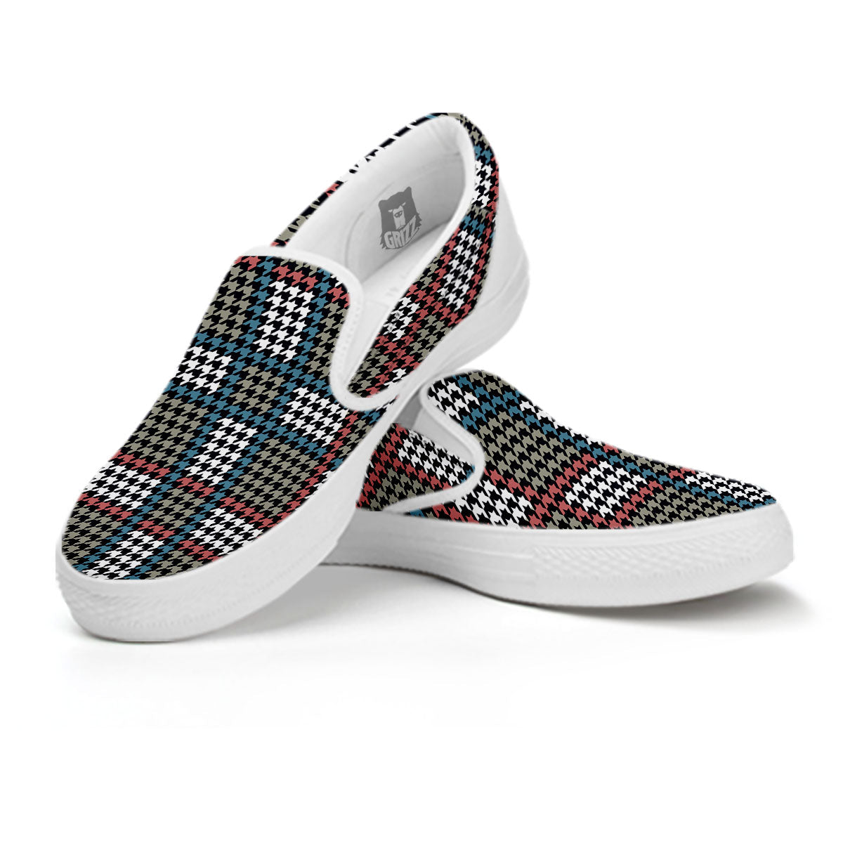 White Houndstooth And Blue Red Print White Slip On Shoes-grizzshop