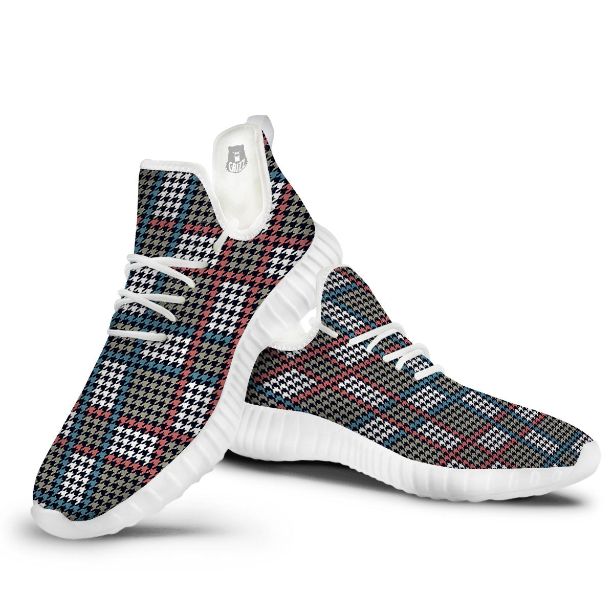 White Houndstooth And Blue Red Print White Walking Shoes-grizzshop