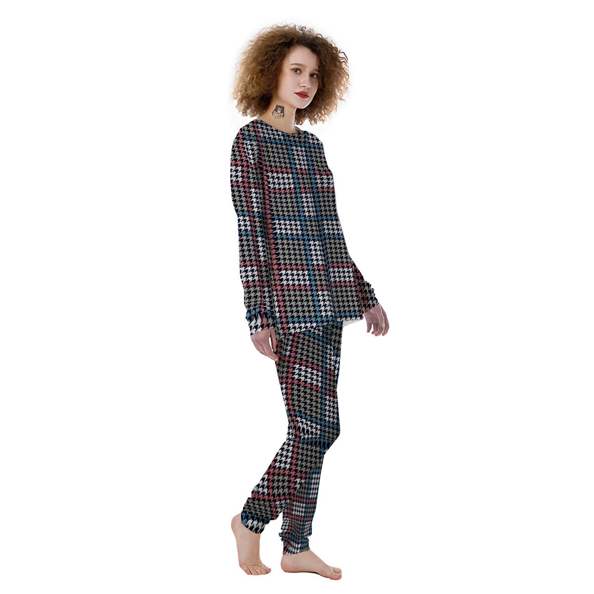 White Houndstooth And Blue Red Print Women's Pajamas-grizzshop