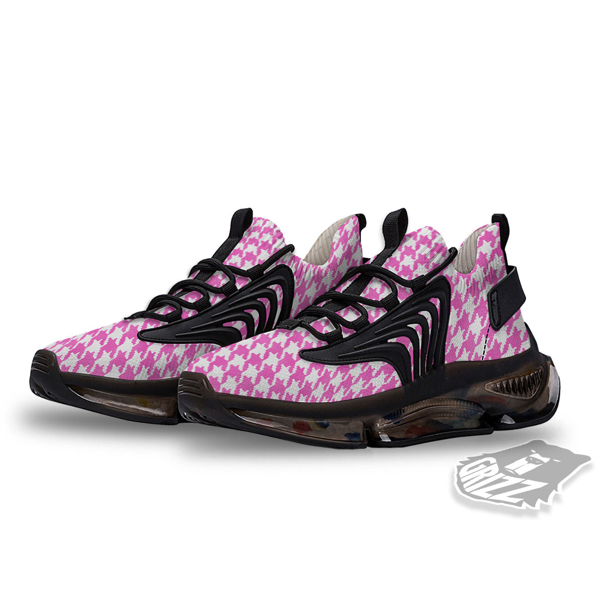 White Houndstooth And Pink Print Black Gym Shoes-grizzshop