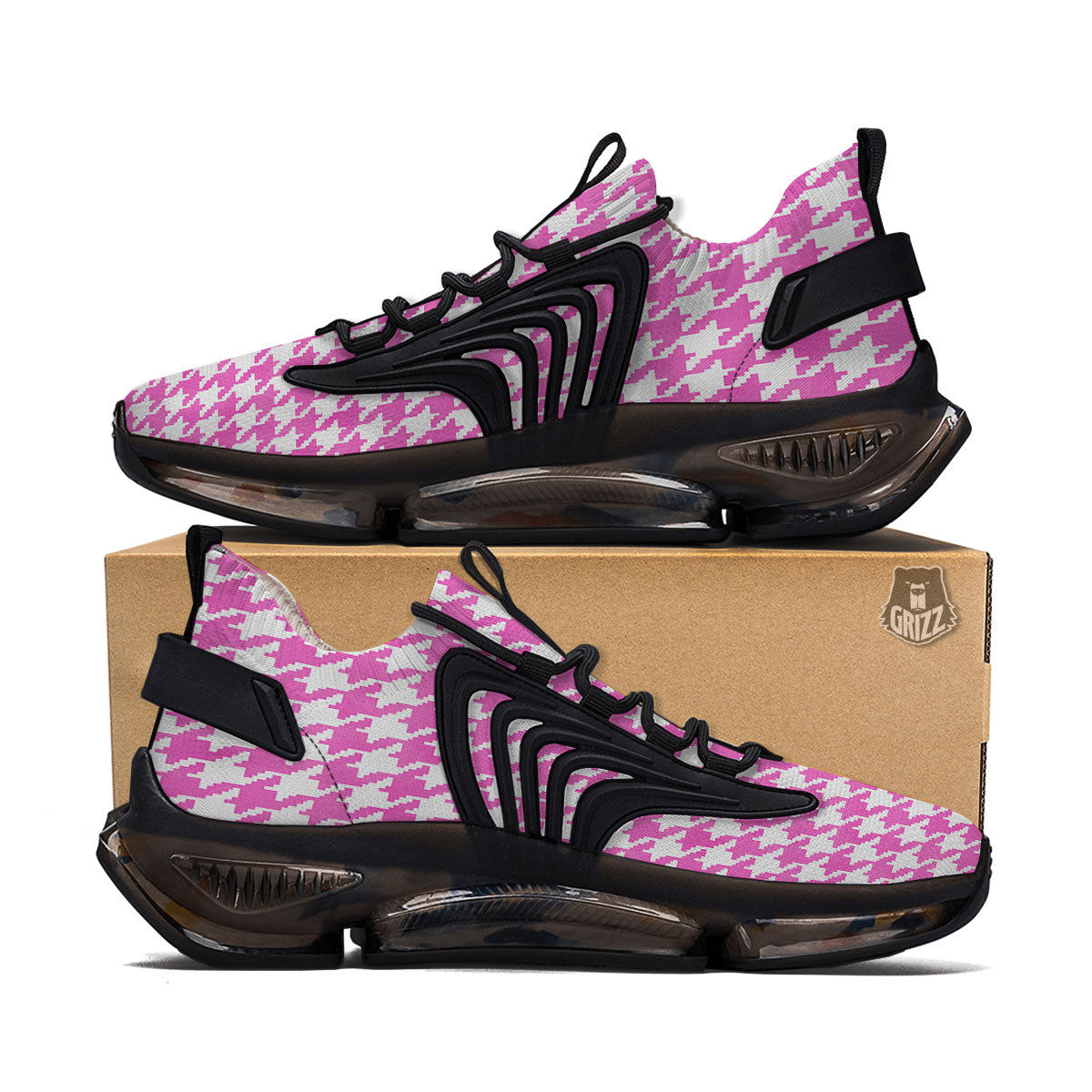 White Houndstooth And Pink Print Black Gym Shoes-grizzshop