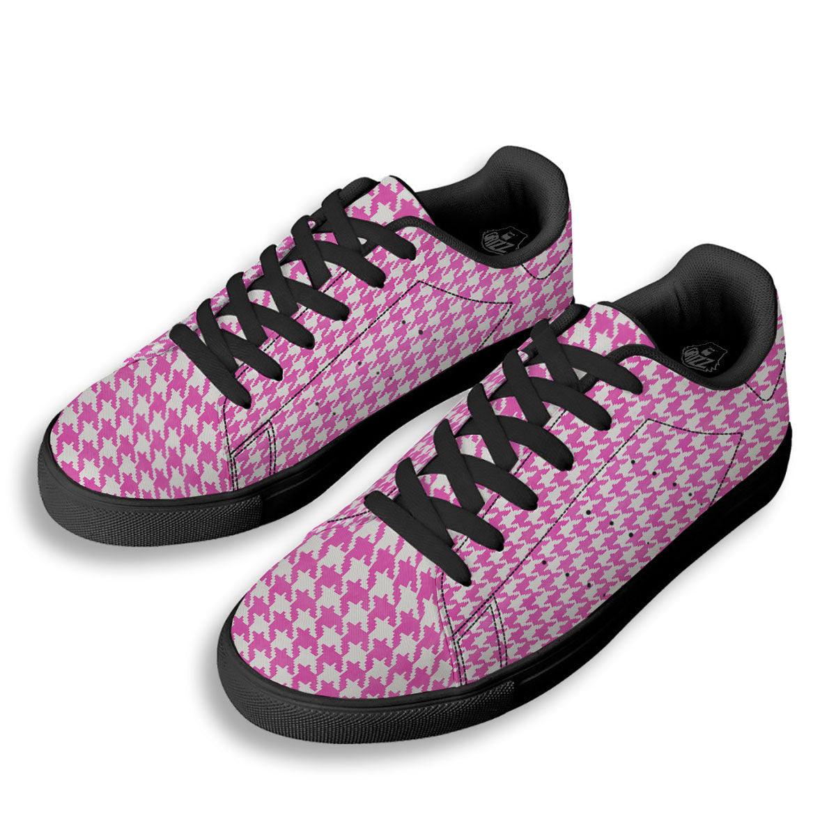 White Houndstooth And Pink Print Black Low Top Sneakers-grizzshop