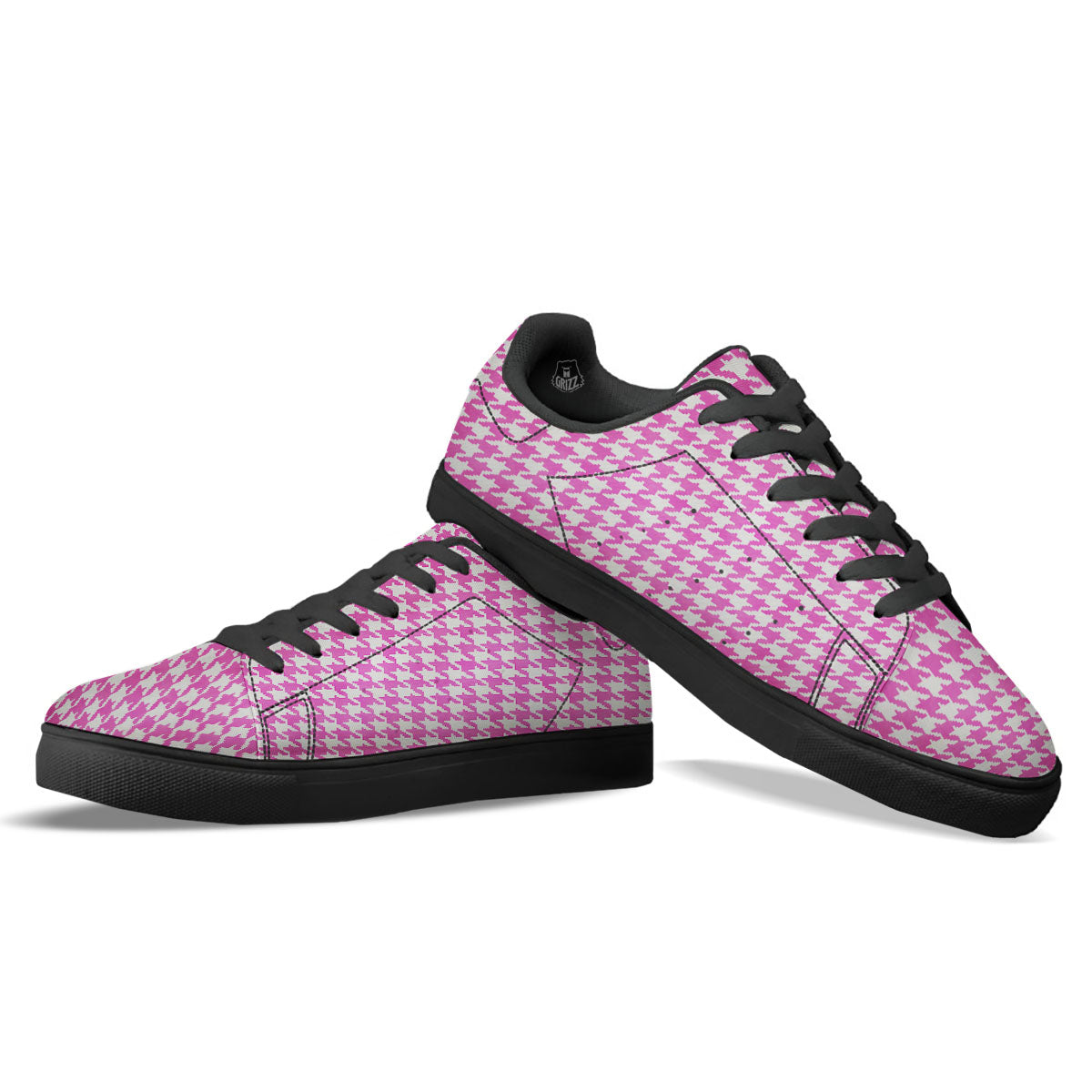 White Houndstooth And Pink Print Black Low Top Sneakers-grizzshop
