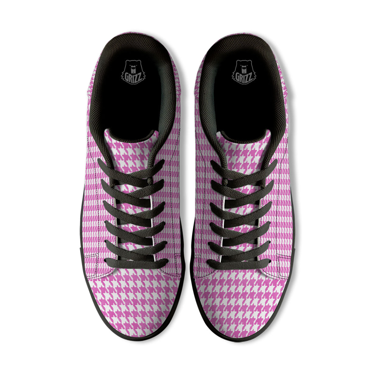 White Houndstooth And Pink Print Black Low Top Sneakers-grizzshop
