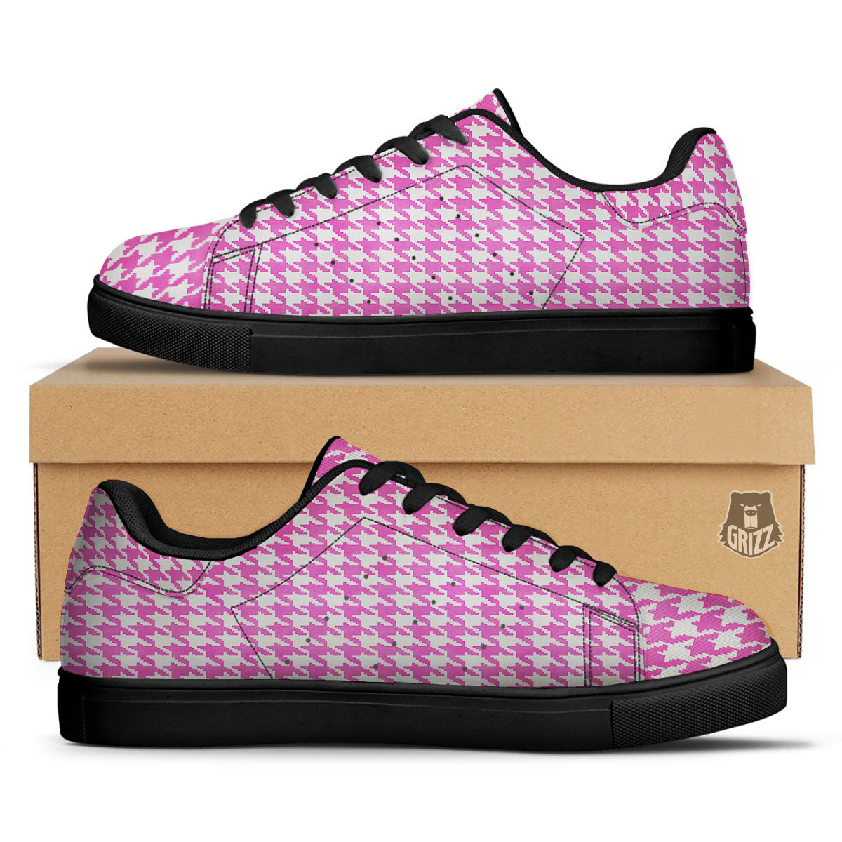 White Houndstooth And Pink Print Black Low Top Sneakers-grizzshop