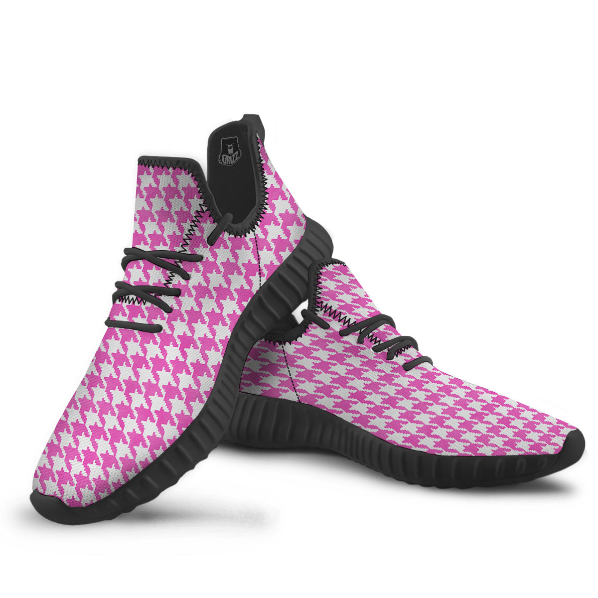 White Houndstooth And Pink Print Black Walking Shoes-grizzshop