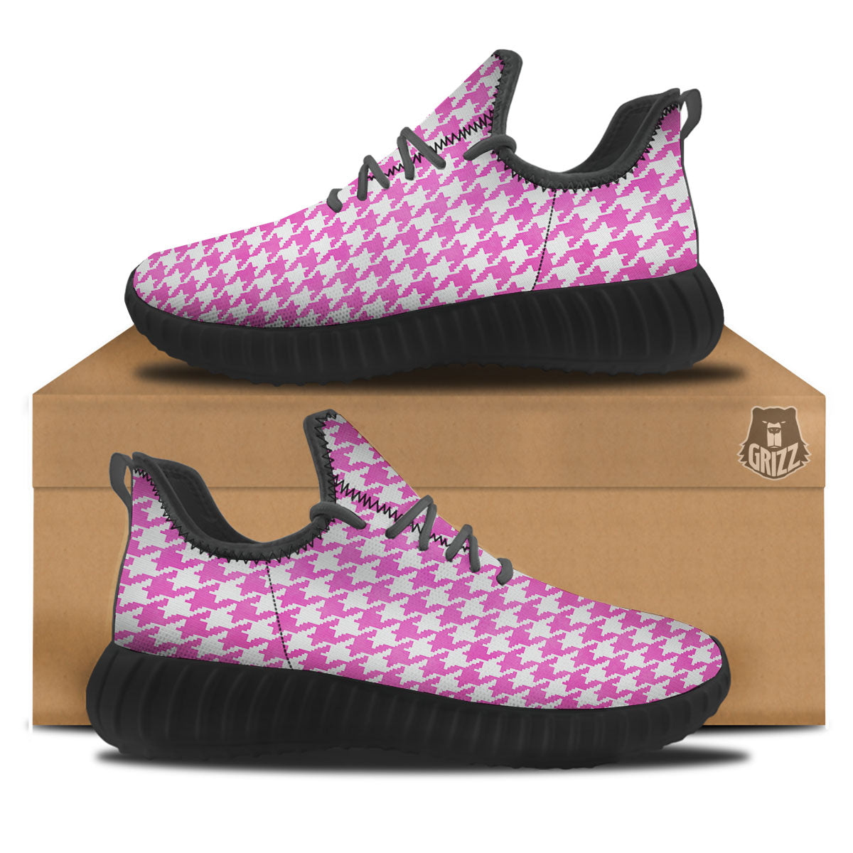 White Houndstooth And Pink Print Black Walking Shoes-grizzshop