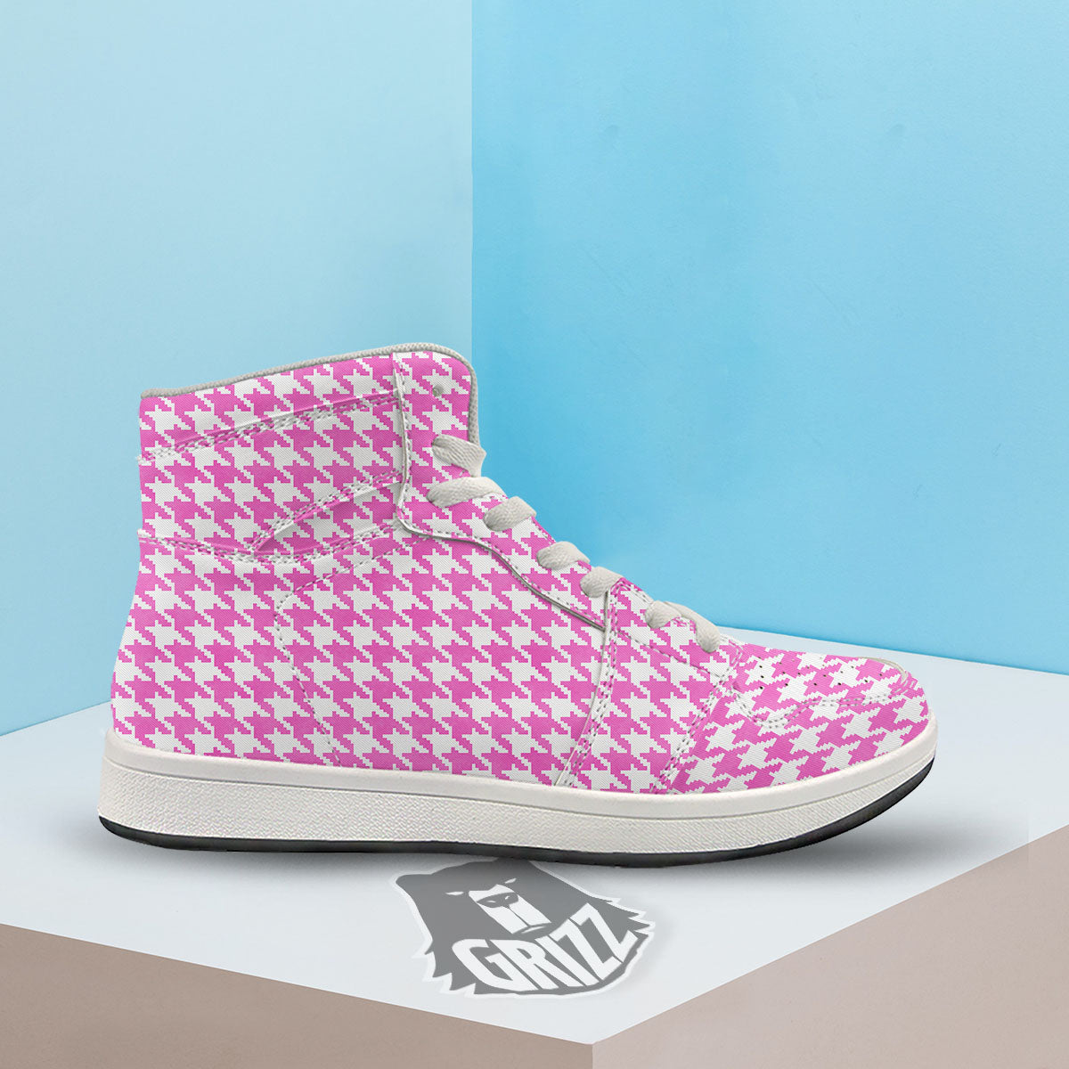 White Houndstooth And Pink Print High Top Sneakers-grizzshop
