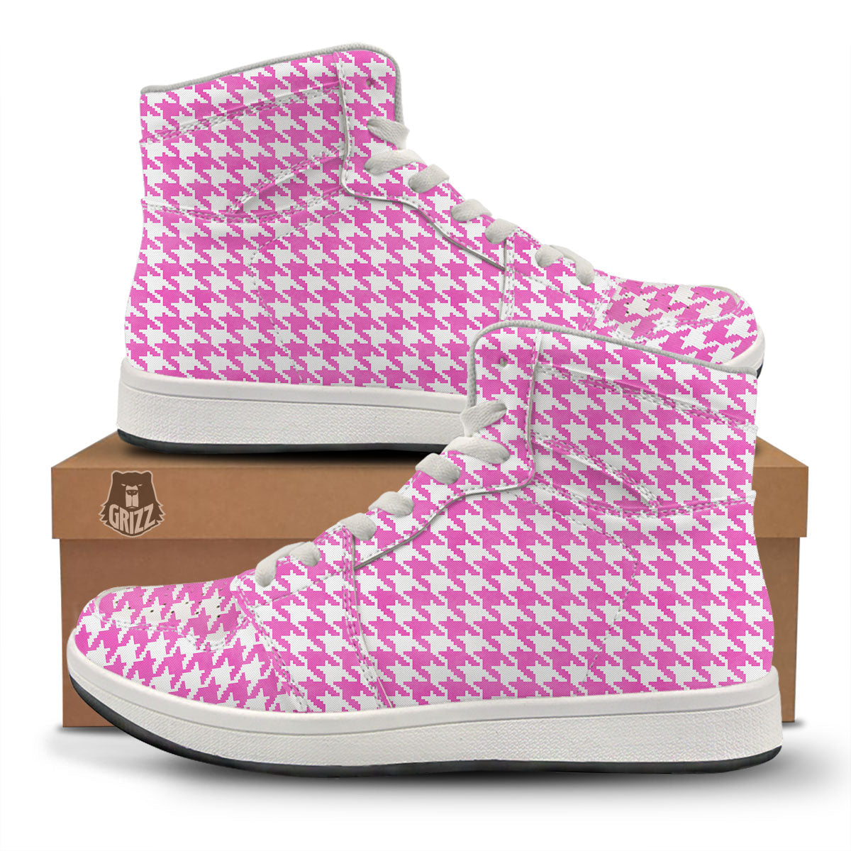 White Houndstooth And Pink Print High Top Sneakers-grizzshop