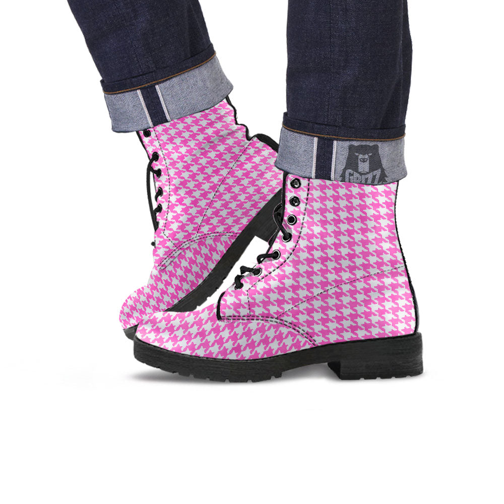 White Houndstooth And Pink Print Leather Boots-grizzshop