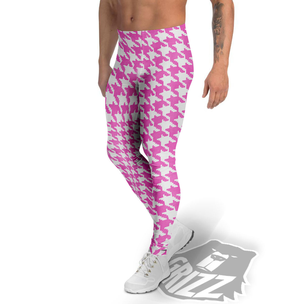 White Houndstooth And Pink Print Men's Leggings-grizzshop