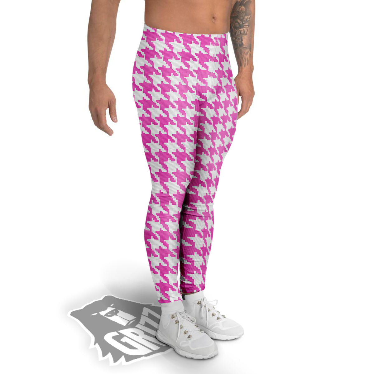 White Houndstooth And Pink Print Men's Leggings-grizzshop