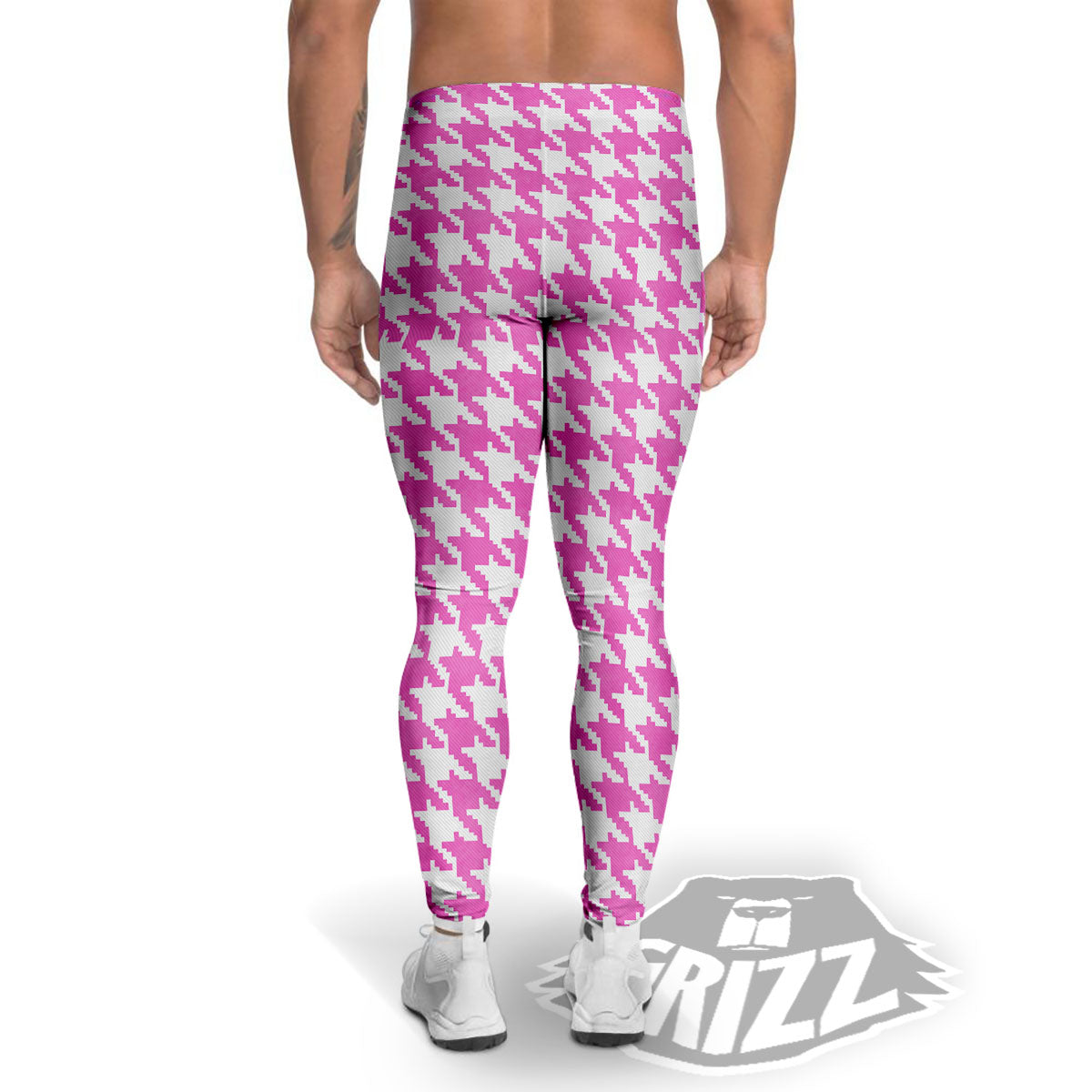 White Houndstooth And Pink Print Men's Leggings-grizzshop