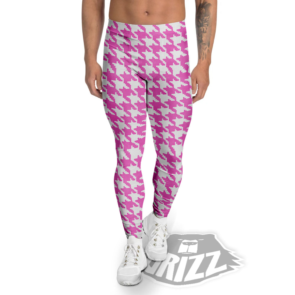 White Houndstooth And Pink Print Men's Leggings-grizzshop