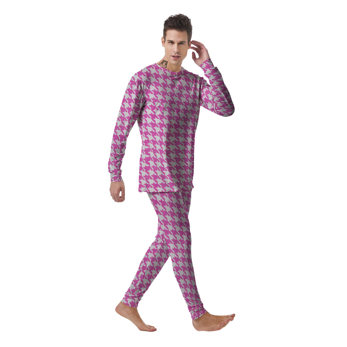 White Houndstooth And Pink Print Men's Pajamas-grizzshop