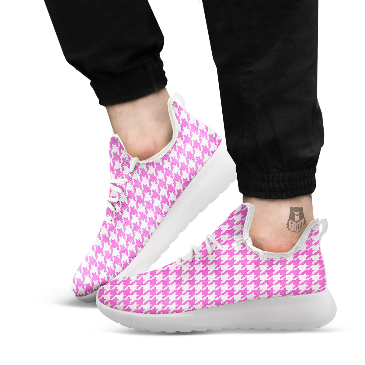 White Houndstooth And Pink Print White Athletic Shoes-grizzshop