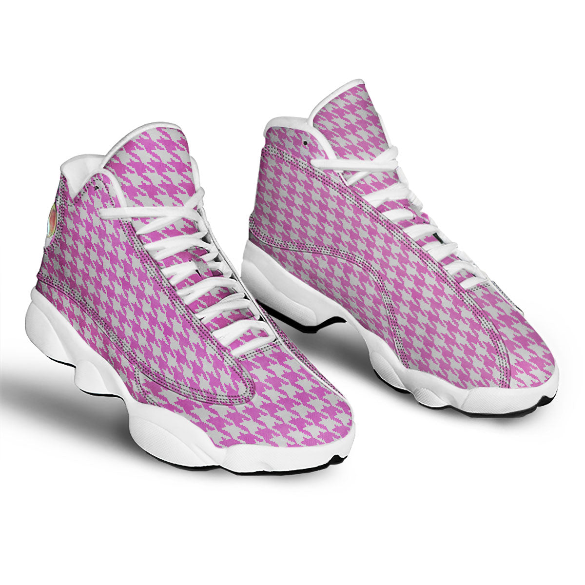 White Houndstooth And Pink Print White Basketball Shoes-grizzshop