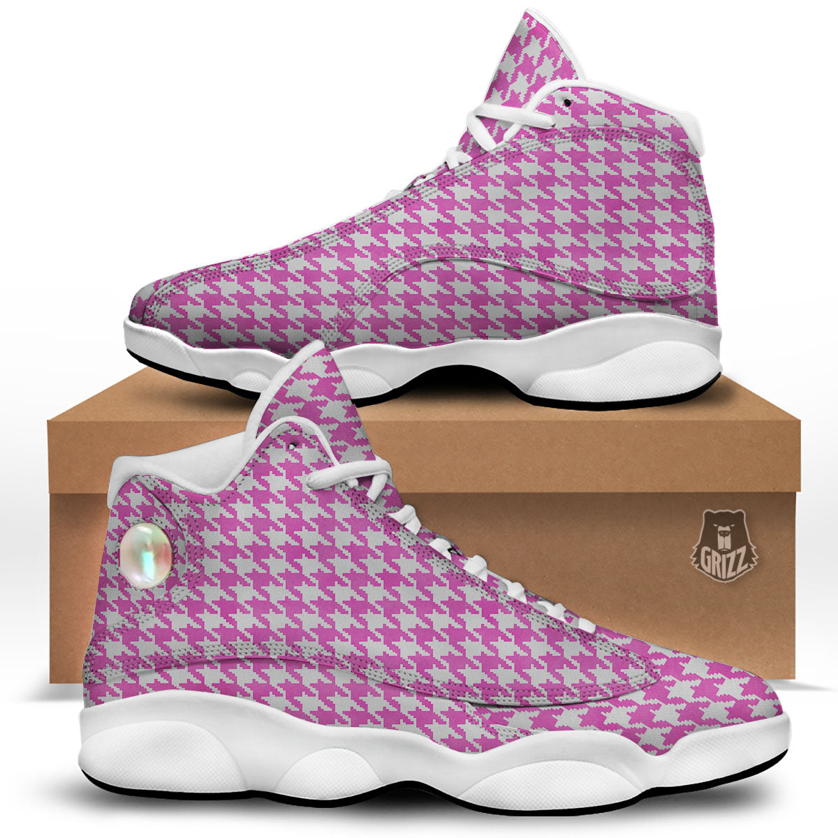 White Houndstooth And Pink Print White Basketball Shoes-grizzshop