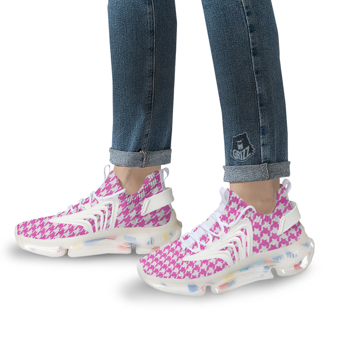 White Houndstooth And Pink Print White Gym Shoes-grizzshop