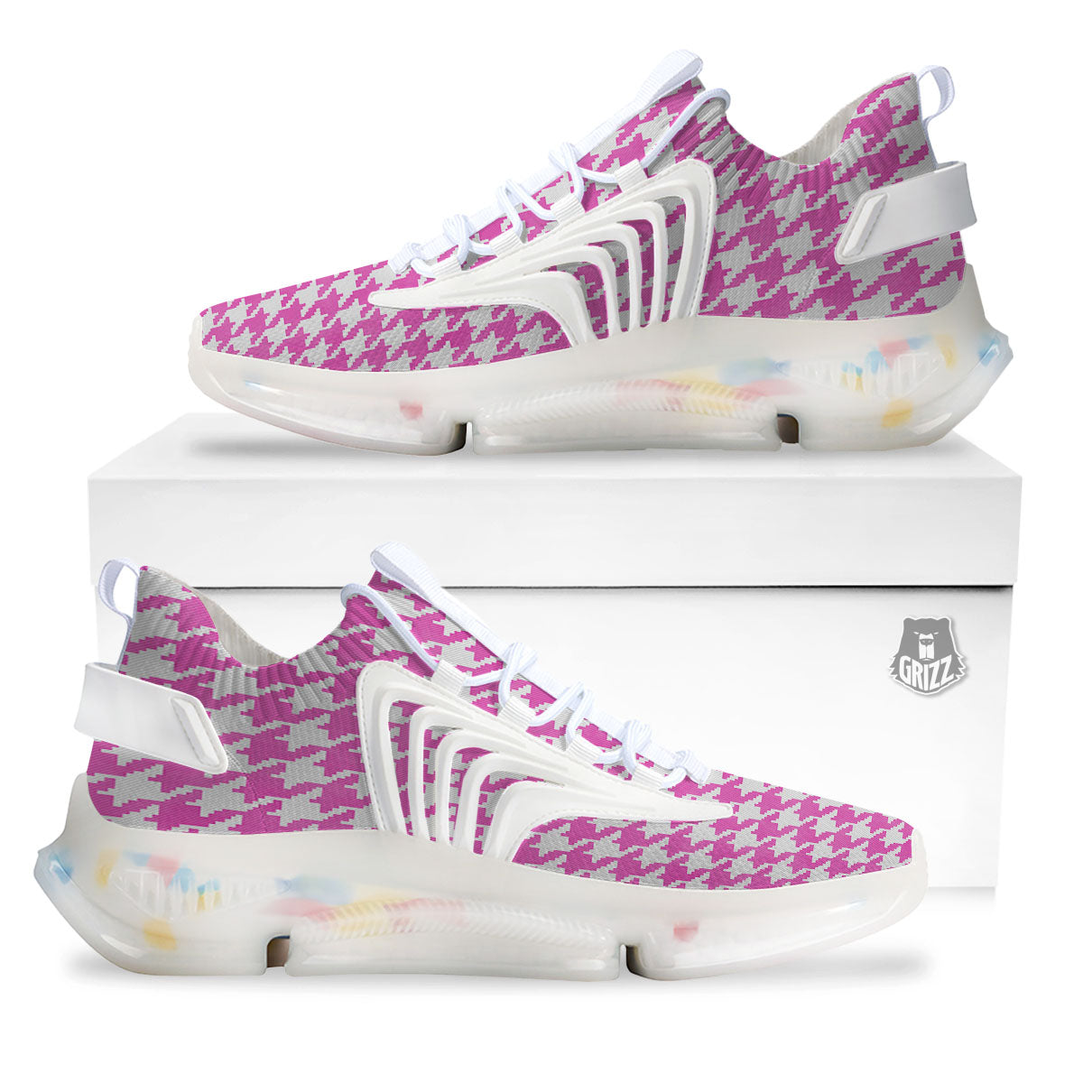 White Houndstooth And Pink Print White Gym Shoes-grizzshop