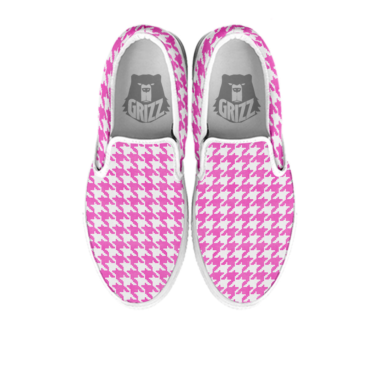 White Houndstooth And Pink Print White Slip On Shoes-grizzshop