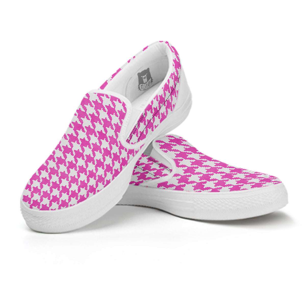 White Houndstooth And Pink Print White Slip On Shoes-grizzshop