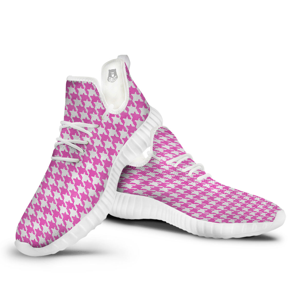 White Houndstooth And Pink Print White Walking Shoes-grizzshop