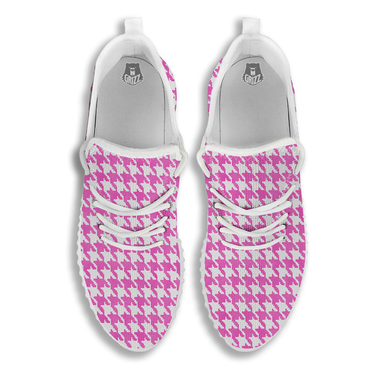 White Houndstooth And Pink Print White Walking Shoes-grizzshop