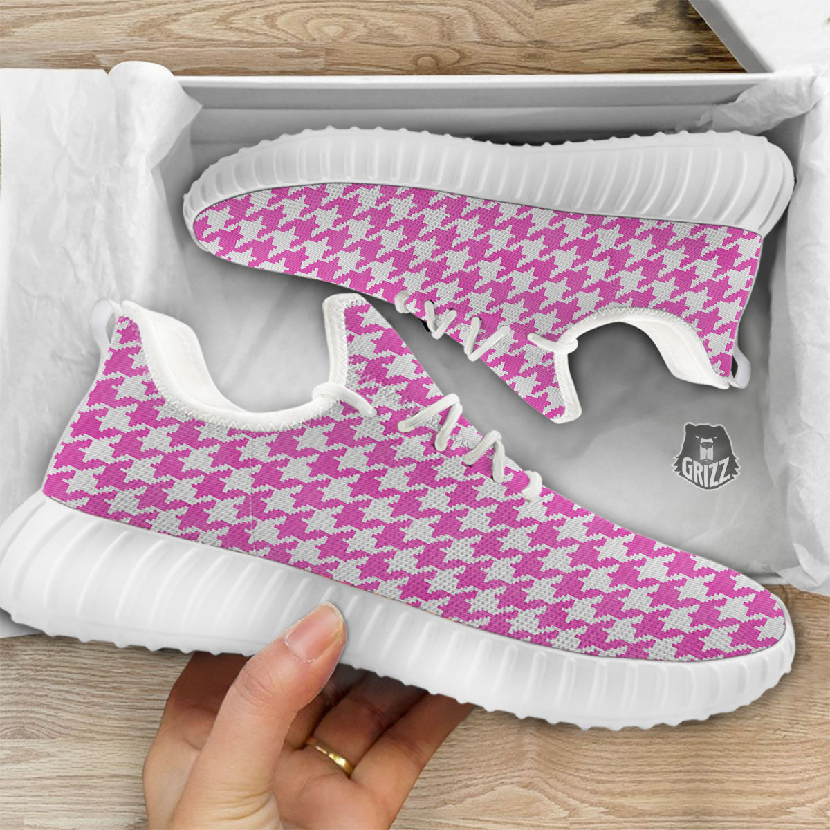 White Houndstooth And Pink Print White Walking Shoes-grizzshop