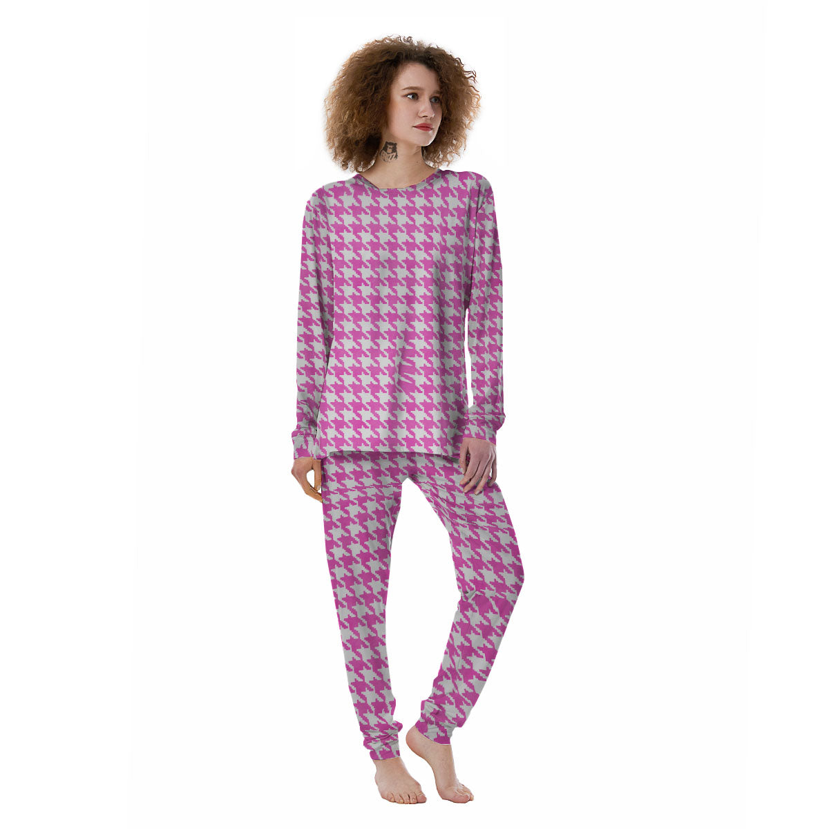 White Houndstooth And Pink Print Women's Pajamas-grizzshop