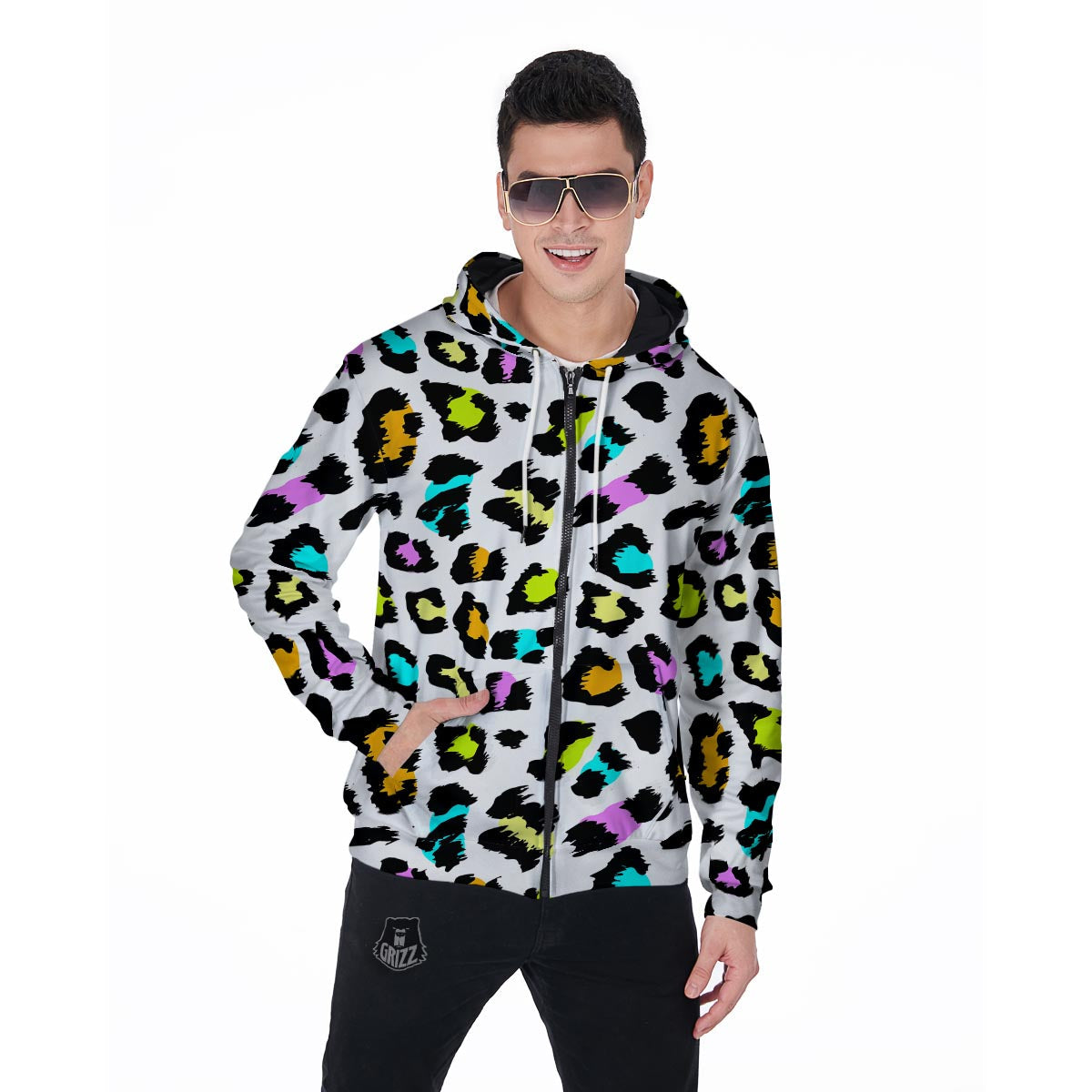 White Leopard Men's Zip Up Hoodie-grizzshop