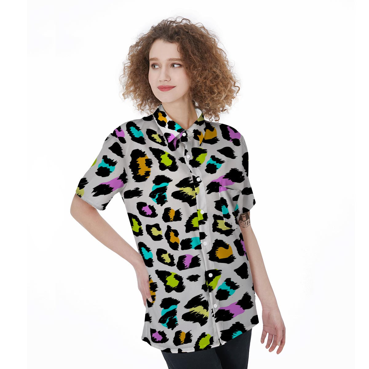 White Leopard Women's Short Sleeve Shirts-grizzshop