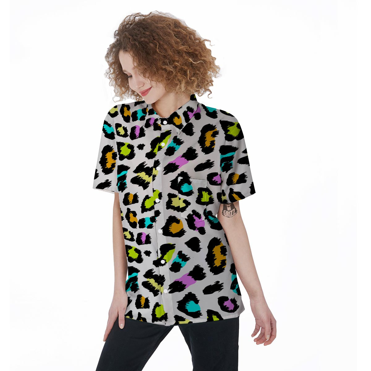 White Leopard Women's Short Sleeve Shirts-grizzshop