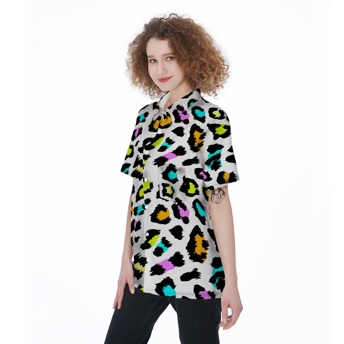 White Leopard Women's Short Sleeve Shirts-grizzshop