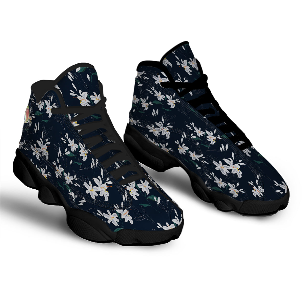 White Lily Black Print Pattern Black Basketball Shoes-grizzshop