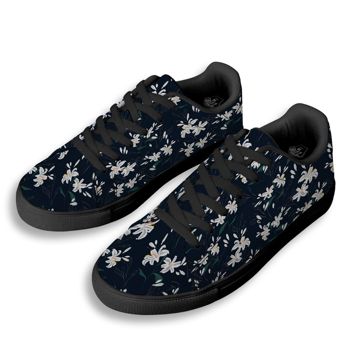 White Lily Black Print Pattern Black Low Top Sneakers-grizzshop