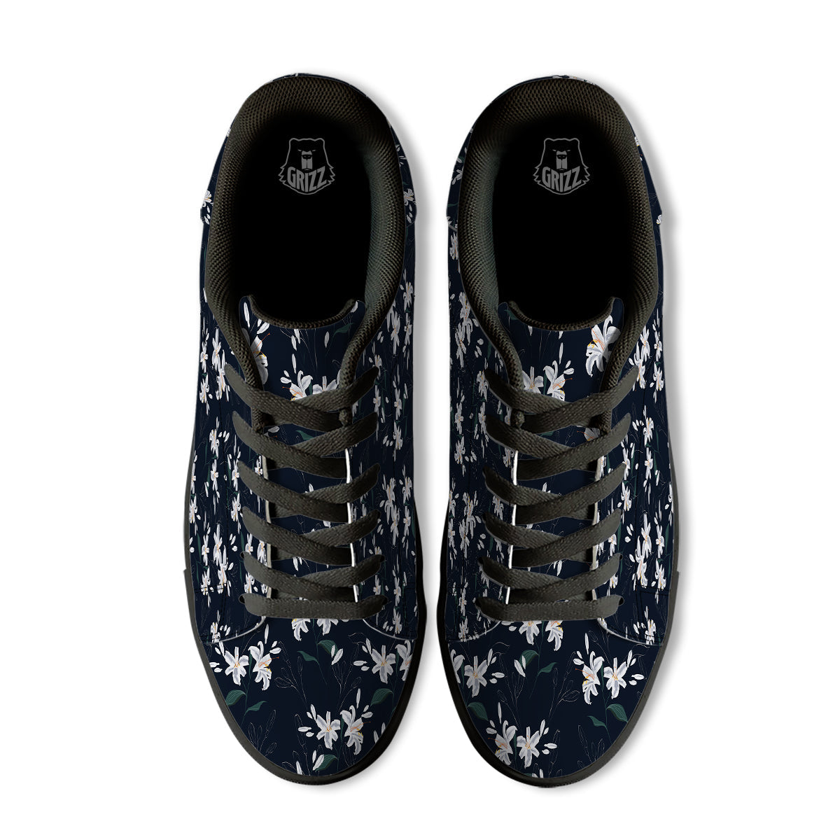 White Lily Black Print Pattern Black Low Top Sneakers-grizzshop