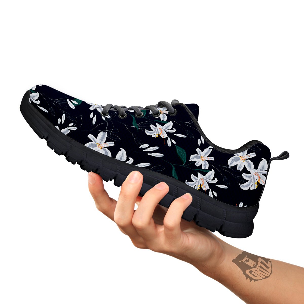 White Lily Black Print Pattern Black Sneaker-grizzshop