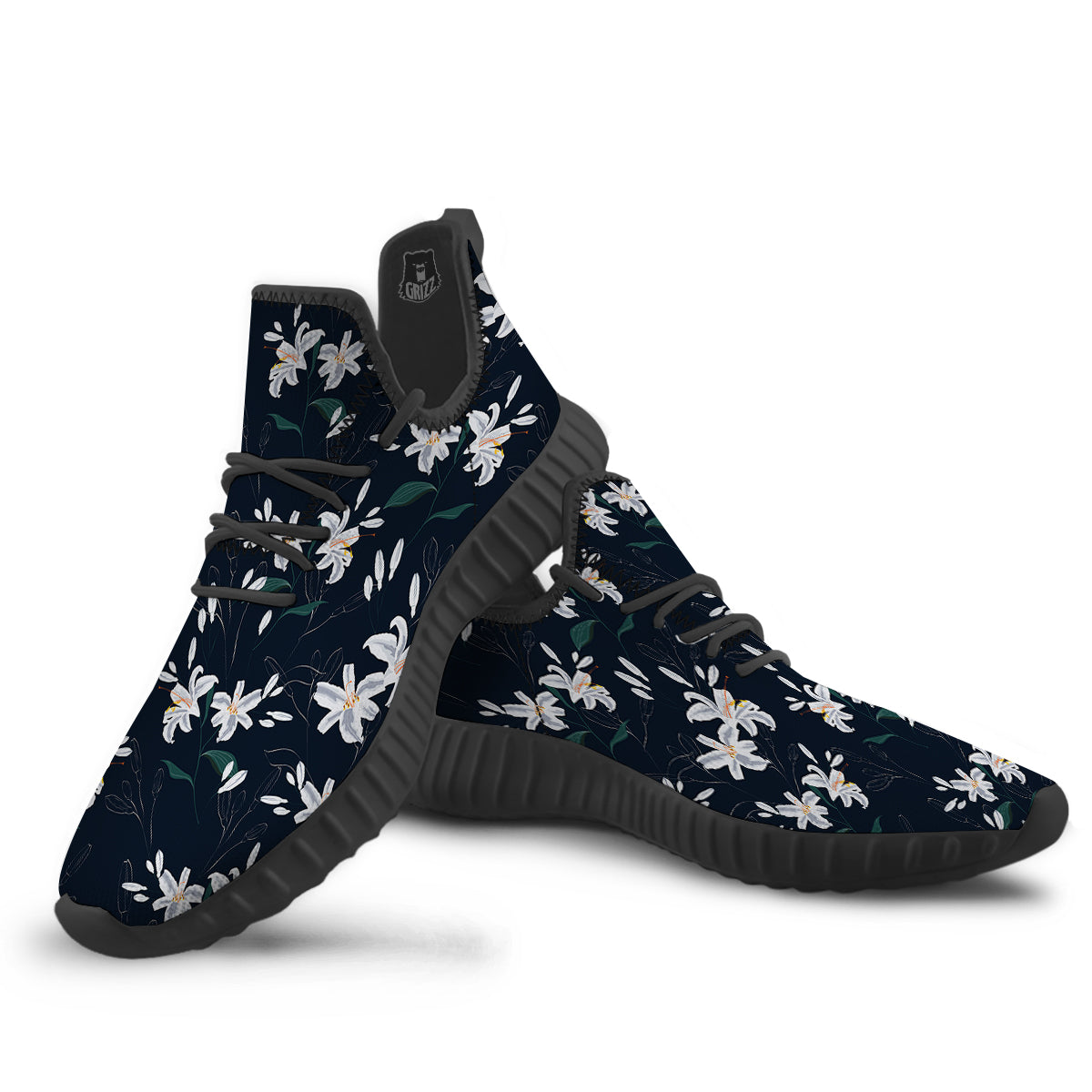 White Lily Black Print Pattern Black Walking Shoes-grizzshop