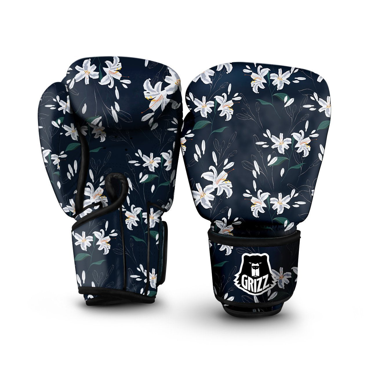 White Lily Black Print Pattern Boxing Gloves-grizzshop