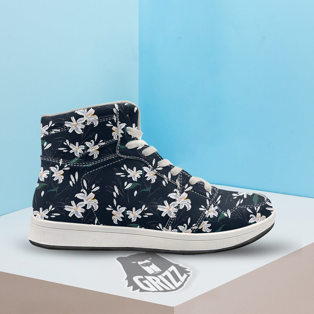 White Lily Black Print Pattern High Top Sneakers-grizzshop